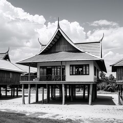 Wall Mural - Thai stilt house black and white on plain white background