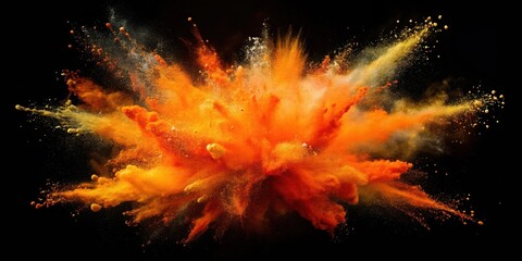 Leinwandbilder - A vibrant explosion of orange and gold powder against a stark black background, showcasing a dynamic and energetic burst of color.