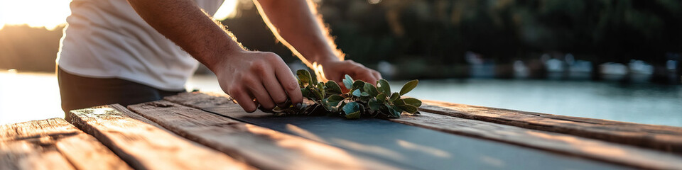 Sticker - Person Arranging Greenery on Wooden Dock