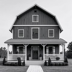 Wall Mural - Barn style house black and white on plain white background