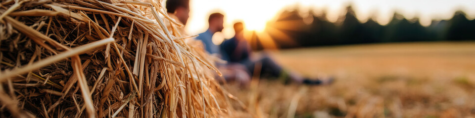 Wall Mural - Hay Bale and Blurred Figures in Field at Sunset