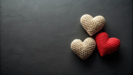 Poster - Handmade Knitted Hearts on Dark Surface Romantic Decoration