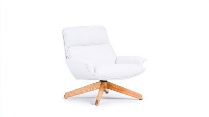 Sticker - Modern white lounge chair with wooden base, set against a minimalist background showcasing elegance