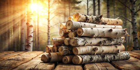 Wall Mural - A stack of neatly arranged logs rests on weathered wood, bathed in the golden light of a sunlit forest