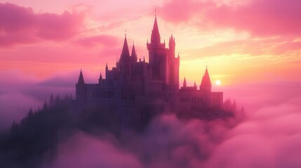 Wall Mural - medieval fortress emerging from morning mist, illuminated by ethereal pink sunrise, fantasy atmosphere