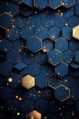 Wall Mural - abstract dark blue background with gold-accented hexagonal shapes and glowing particles