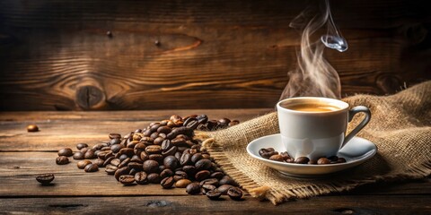 Sticker - Aromatic Coffee Cup with Steam and Roasted Beans on Rustic Wooden Table