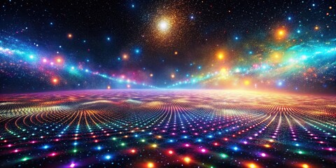 Poster - A vibrant cosmic landscape with glowing particles forming a luminous, undulating surface under a starry sky