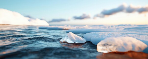 Ice melting climate change idea. Stunning view of icebergs floating on serene water under a bright blue sky.