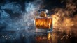 © AnCreaSpace - Luxury perfume bottle with golden liquid and smoky background reflection on a dark surface