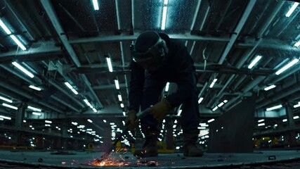 Poster - Welding sparks fly as skilled worker fabricates metal in modern industrial setting