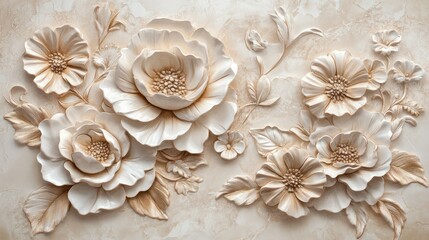 Wall Mural - 3D beige floral wall decor, embossed flowers, interior design element