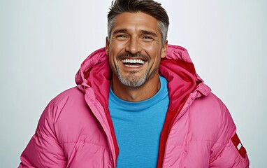 Wall Mural - A man in a pink jacket and blue shirt is smiling