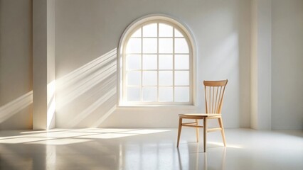 Wall Mural - Sunlight streams through an arched window illuminating a simple wooden chair in a minimalist room