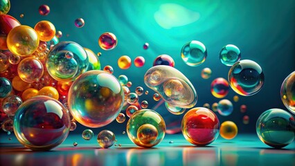 Aufkleber - A vibrant collection of iridescent spheres floats in a teal expanse, showcasing a spectrum of colors and reflective surfaces.