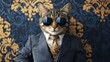 © Jelena - whimsical portrait of sophisticated feline wearing designer navy pinstripe suit, silk tie, and aviator sunglasses, posed confidently against luxurious art deco backdrop