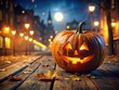 © Sandra - Nocturnal pumpkin carving on a weathered wooden floor; ethereal glow.
