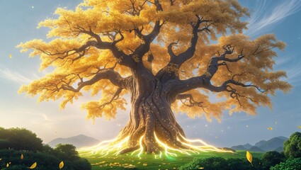 Wall Mural - majestic golden tree stands tall against a tranquil backdrop of mountains and clear skies during sun