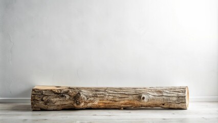 Wall Mural - Rustic wooden log on light floor against a textured white wall, ideal for product display or minimalist interior design.