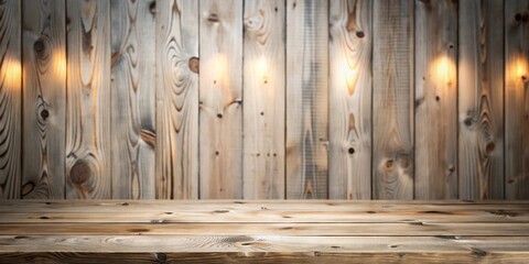 Poster - Rustic Wooden Tabletop with Warm Lighting and Blurry Wooden Background Ideal for Product Display or Mockups