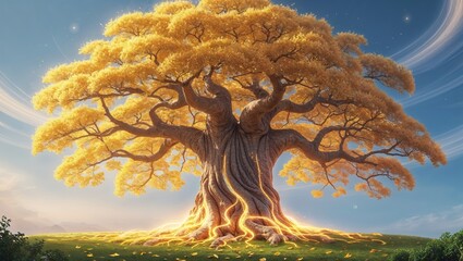 Wall Mural - majestic golden tree stands tall under a bright blue sky at sunset, illuminating the landscape with 