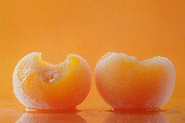 Wall Mural - Two Partially Eaten Frozen Orange Spheres Resting On Orange Background