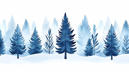 Winter forest border, snowy landscape, blue trees, fog, seamless pattern, website design