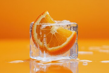 Wall Mural - Frozen orange slice inside a clear ice cube