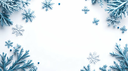 Wall Mural - Winter wonderland scene; snowflakes and frosted branches frame a white background; ideal for holiday greeting cards