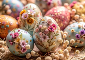 Wall Mural - Easter Eggs Decorated with Delicate Dried Flowers: Springtime Festive Photography