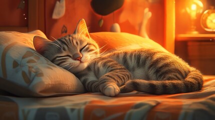 Wall Mural - A Tabby Kitten Sleeps Peacefully On A Pillow