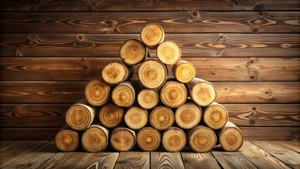 Leinwandbilder - Neatly Stacked Logs Form a Triangular Pile Against a Rustic Wooden Wall
