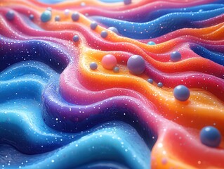 Wall Mural - Wavy colorful abstract surface with shiny spheres, for use in backgrounds