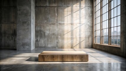 Wall Mural - Sunlit Industrial Loft Interior with Wooden Display Platform