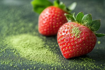 Wall Mural - Fresh Strawberries Dusted with Matcha Powder