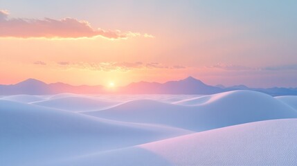 Wall Mural - Golden rays of sunlight illuminate soft, rolling sand dunes at sunrise, with distant mountains creating a peaceful backdrop in the early morning sky