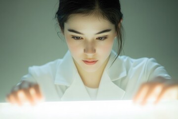 A young woman in a white coat leans over a brightly lit surface, her expression focused and intent.