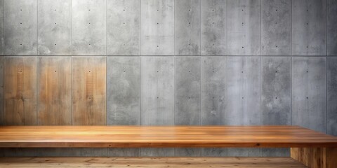 Poster - Clean Modern Wooden Shelf Against Concrete Wall Background