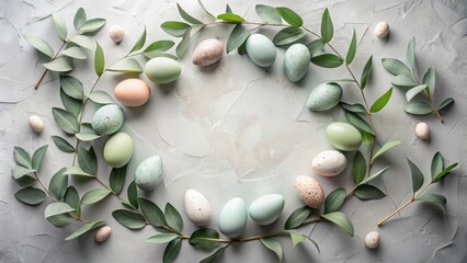 Aufkleber - Pastel Eggs and Greenery Circle on Textured Surface