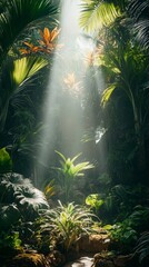 Wall Mural - Soft rays of sunlight stream through dense foliage in a vibrant jungle, illuminating various plants and creating an enchanting atmosphere in the morning