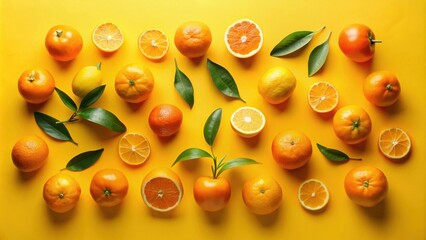 Sticker - Vibrant Citrus Fruits Arranged on a Sunny Yellow Background, a Delightful Composition of Oranges, Mandarins, and Lemons with Lush Green Leaves