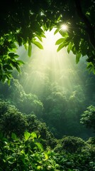 Wall Mural - Sunlight streams through the trees in a tropical jungle, illuminating the rich greenery and creating a peaceful ambiance during midday