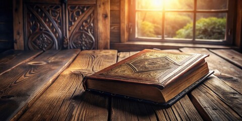 Wall Mural - Antique Book on Rustic Wooden Table by Window