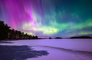 Wall Mural - monnlight lake with northern lights danzing over frosen lake in farnebofjarden national park in nort