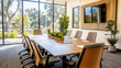 © Pixel Alchemist - modern meeting room with large windows, plants, and wooden table