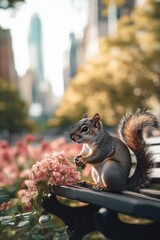 Wall Mural - A squirrel enjoys a snack of flowers on a public park bench