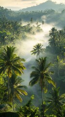 Wall Mural - Vibrant green palm trees stretch across the tropical landscape as morning mist envelops the area, creating a tranquil and serene atmosphere at dawn