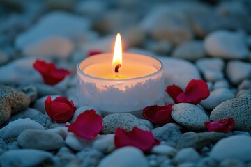 Wall Mural - A single lit candle sits atop a pile of rocks, providing a warm glow in the dark