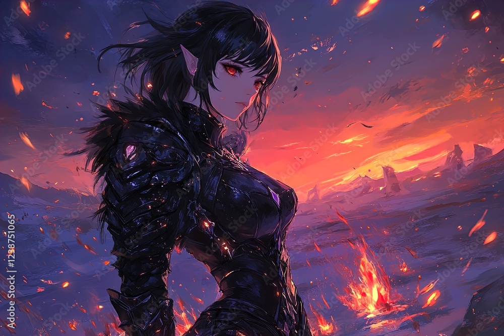 A fierce female character stands prominently against a dramatic sunset ...