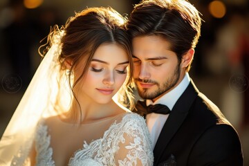 Wall Mural - A bride and groom are posing for a picture in a field